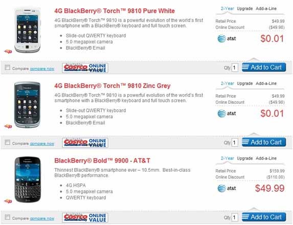 Some of the BlackBerry deals available online from Costco - Costco puts BlackBerry up for sale; AT&T's BlackBerry Bold 9900 just $49.99 on contract