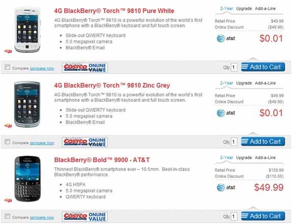 Some of the BlackBerry deals available online from Costco - Costco puts BlackBerry up for sale; AT&amp;T&#039;s BlackBerry Bold 9900 just $49.99 on contract