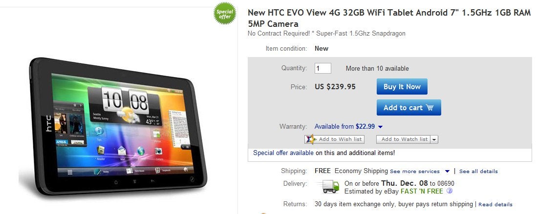 eBay has the 32GB HTC EVO View 4G for Sprint at $239.95 outright with free shipping