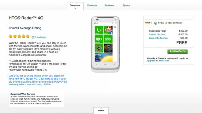T-Mobile drops the price of the HTC Radar 4G to free on-contract for a limited time