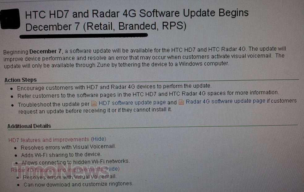 The HTC Radar 4G and HD7 are both expected to get software updates - T-Mobile G2x Gingerbread update goes live again, HTC Radar 4G and HD7 get software patches too