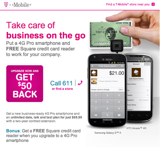 T-Mobile is offering business customers a chance to get a free Square reader - T-Mobile offers Square credit card reader to business customers upgrading to a 4G Pro smartphone