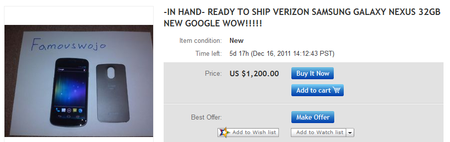 A Verizon branded Samsung GALAXY Nexus is available on eBay for $1,200 - Verizon version of Samsung GALAXY Nexus can be yours for $1,200 on eBay