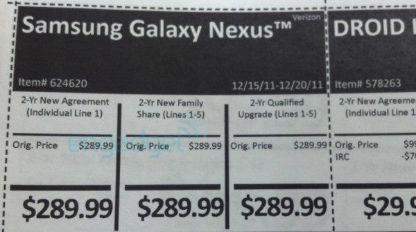 Leaked internal pricing guides for Costco indicates December 15th release for Verizon's Galaxy Nexus