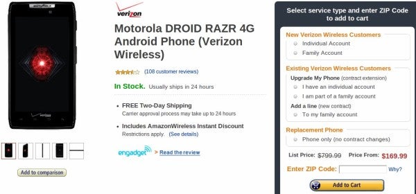Amazon shaves the price of the Motorola DROID RAZR to $169.99 on-contract