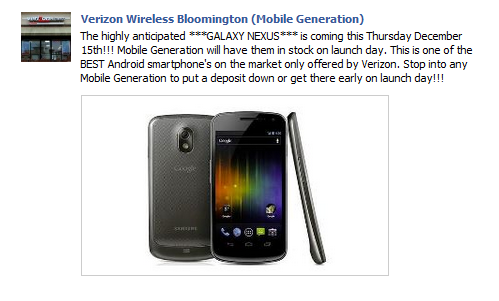 The picture on Mobile Generation&#039;s Facebook page is of the GSM version of the Samsung GALAXY Nexus - Samsung GALAXY Nexus launch date cited on Facebook is not an official Verizon release date