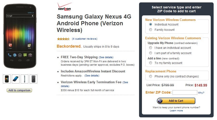 Amazon drops down the price of the Verizon Galaxy Nexus to an even better cost of $150