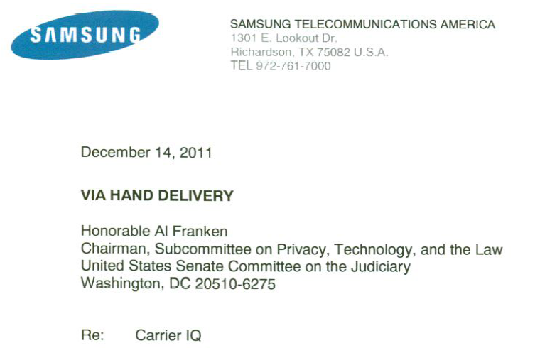 Samsung hand delivered a letter Wednesday to Senator Al Franken - Samsung says 25 million of its phones have Carrier IQ