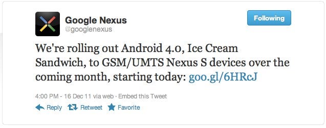 Android 4.0 ICS is rolling out to GSM versions of the Google Nexus S starting today