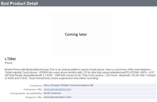 The Sony Ericsson LT28at is expected to launch with LTE support for AT&amp;amp;T and a 13MP camera - Sony Ericsson LT28at for AT&amp;T&#039;s LTE pipeline leaks with 13MP camera