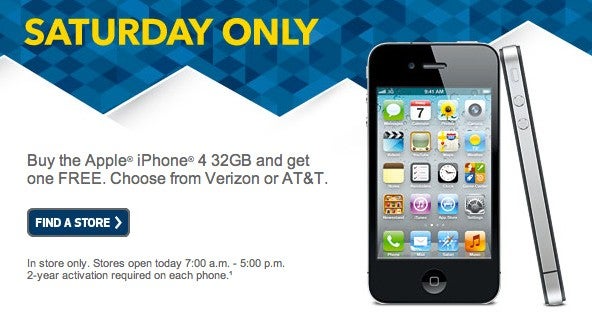 Best Buy has a BOGO deal on the 32GB Apple iPhone 4 for Saturday only - Saturday only, Best Buy has BOGO deal on 32GB Apple iPhone 4