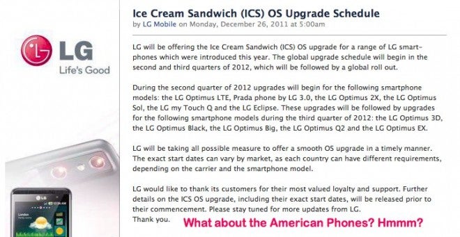 LG expects to roll out Ice Cream Sandwich upgrade to select devices starting in Q2 2012