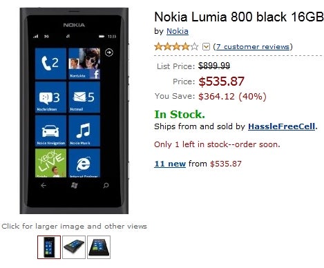Amazon slowly reduces the price of its unlocked Nokia Lumia 800, it's now at $535.87