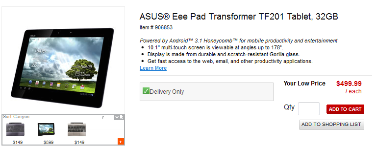 Office Depot is selling the 32GB Asus Transformer Prime online for $499.99 - 32GB Asus Transformer Prime now available at Office Depot