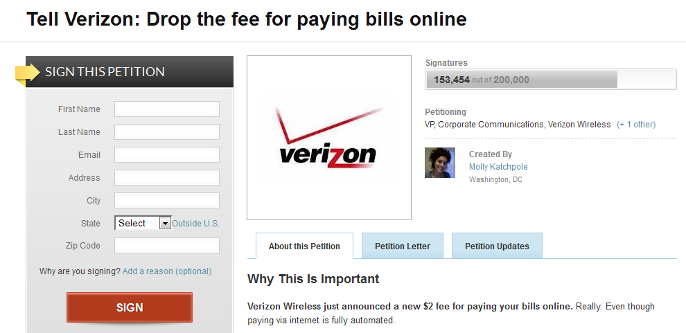 The Katchpole petition drew over 150,000 signatures - Power to the People: why Verizon rescinded the $2 fee