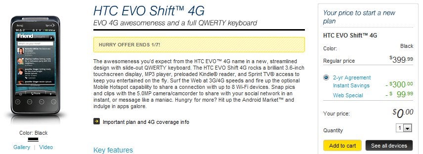 Sprint prices the HTC EVO Shift 4G to free for a limited time