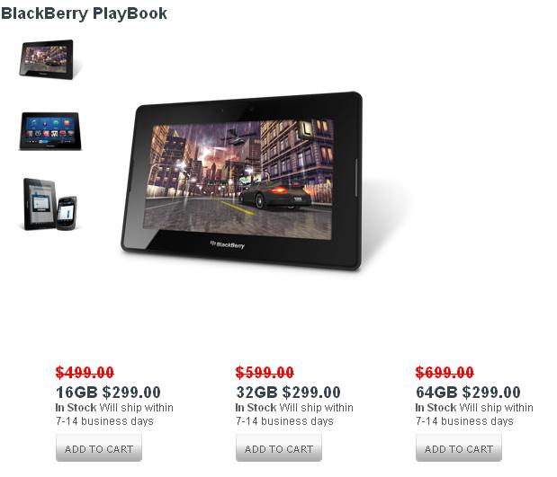 16GB, 32GB, and 64GB versions of the BlackBerry PlayBook are all priced at $299 online