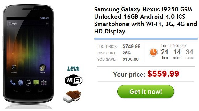Unlocked GSM-flavored Samsung Galaxy Nexus is priced modestly at $559.99 outright