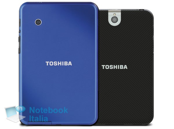 A yet-unannounced, budget-friendly tablet from Toshiba, next to the Toshiba Thrive 7 (in black) - Toshiba to unveil a cheapo tablet at CES too, according to rumors