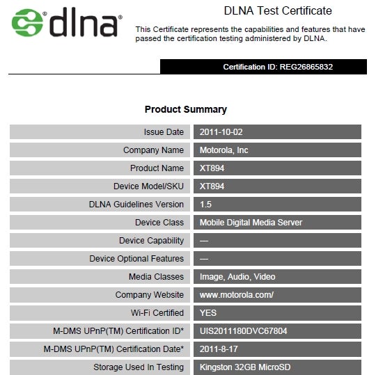 The Motorola DROID 4 has its DLNA Certification - DLNA certification means Motorola DROID 4 is closer to launch