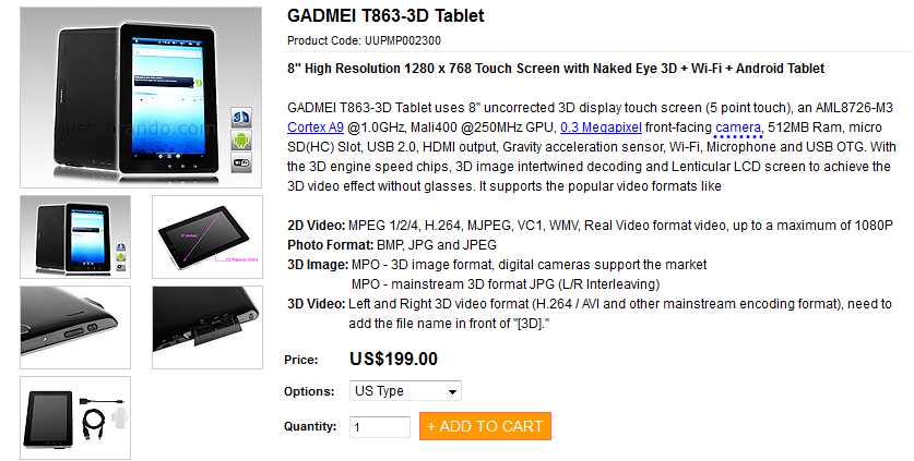The Gadmei T863 can be ordered now from Brando for $199 - First tablet with glasses-free 3D is the Gadmei T863 from Hong Kong
