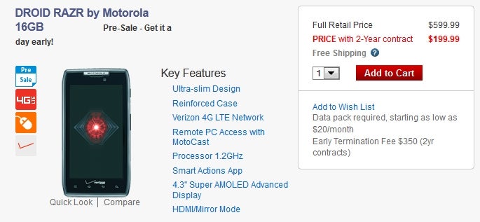 Motorola DROID RAZR with 16GB of memory for $199
