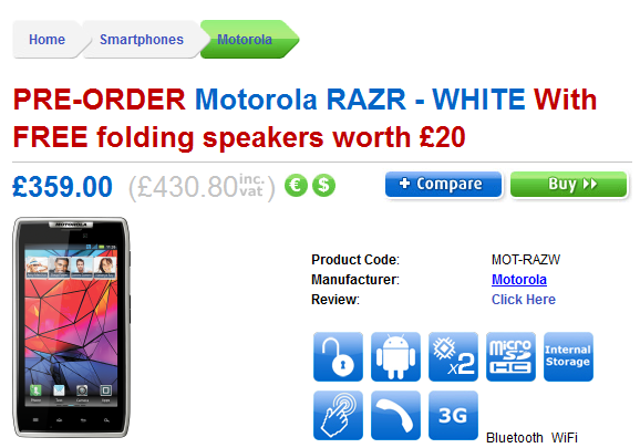 With your pre-order of the white Motorola RAZR from Clove (L) comes a free set of folding speakers (R) - U.K.'s Clove taking pre-orders for white Motorola RAZR coming next month