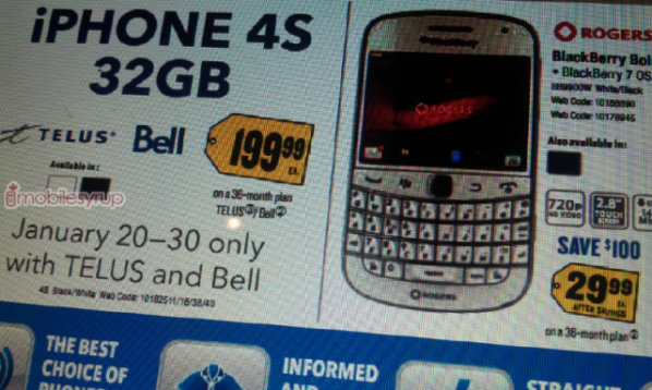 Limited time promotion from Best Buy Canada lowers the price of the 32GB iPhone 4S and BlackBerry Bold 9900