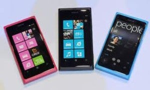 From L to R, the Nokia Lumia 710, three versions of the Nokia Lumia 800 and the Nokia Lumia 900 - Nokia ships 1.3 million Nokia Lumia units in 2011 according to average analyst estimate