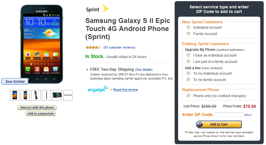 Amazon is offering the Samsung Epic 4G Touch for as low as $80 - Amazon offering Samsung Epic 4G Touch for just $79.99 with new line