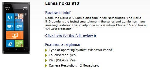 Typhone's listing of the Nokia Lumia 910 - Dutch shop puts up listing for Nokia Lumia 910 with 12.1MP camera