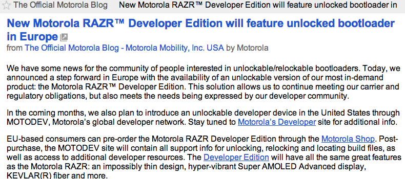 Before being taken down, the Official Motorola Blog discussed the Motorola RAZR DE - Motorola RAZR Developer&#039;s Edition to come with unlocked bootloader
