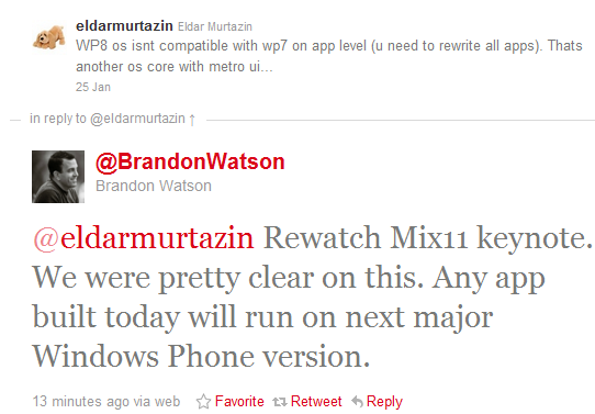 Microsoft&#039;s Brandon Watson refutes Eldar Murtazin&#039;s claim that Windows Phone 8 won&#039;t support current apps
