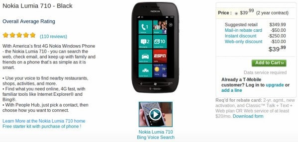 T-Mobile has cut the rice of the Nokia Lumia 710 by 20% - T-Mobile drops price on Nokia Lumia 710 to $39.99 after rebate