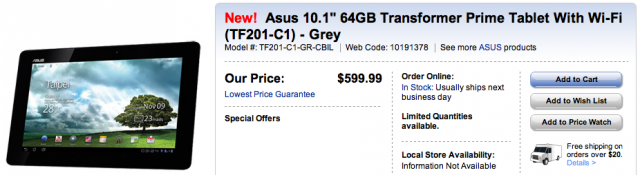 Asus Transformer Prime 64GB version is now in limited quantity at Best Buy Canada