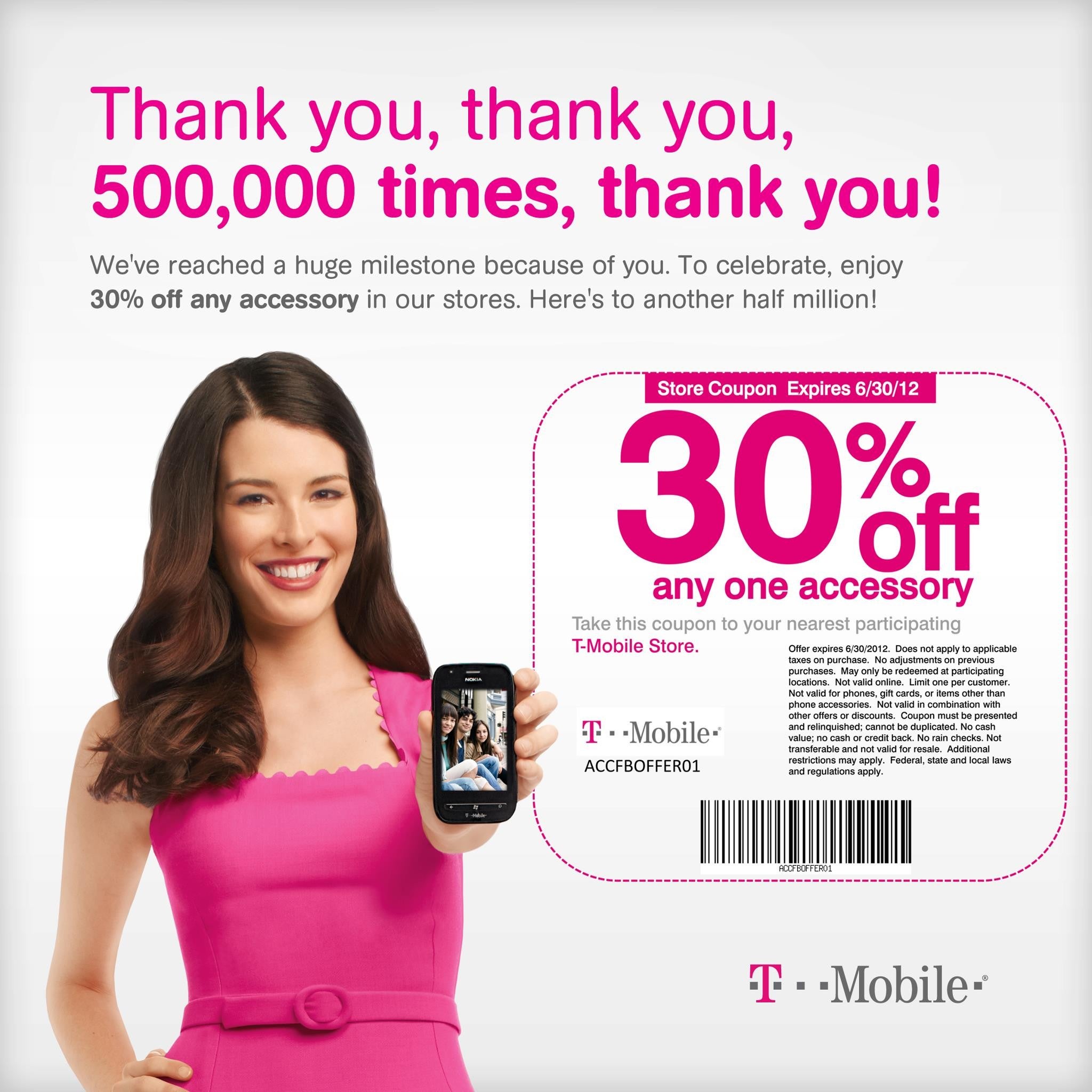 T-Mobile giving 30% off an accessory in honor of 500,000 Facebook fans