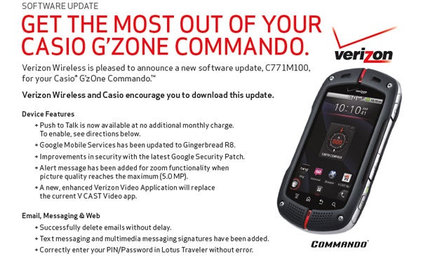 Casio G&#039;Zone Commando now supports PTT - Push-to-Talk now available on Verizon Wireless Casio G&#039;Zone Commando after update