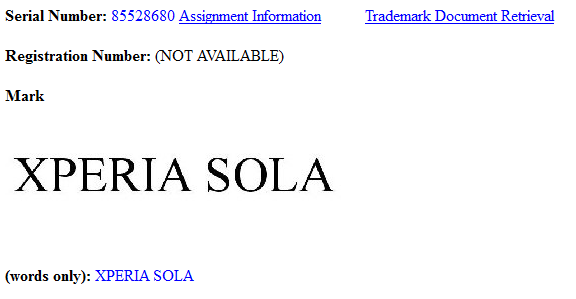 The U.S. application for the trademark - Sony trademarks Xperia Sola name in U.S. and Europe