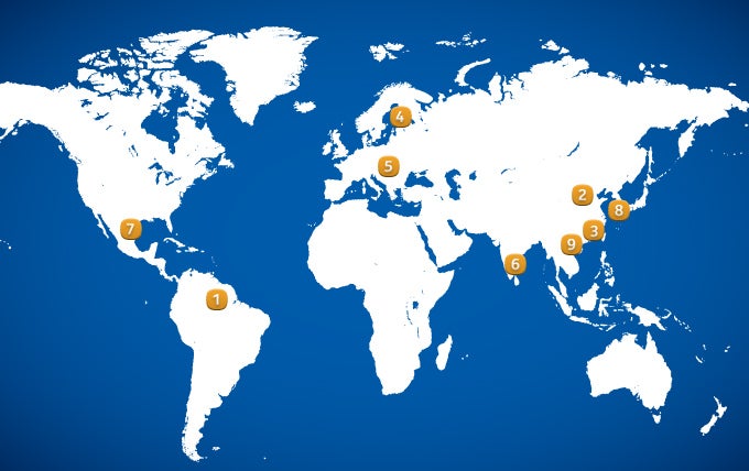 Nokia's current map of factories. - Nokia cuts 4,000 jobs in Europe as it shifts manufacturing to Asia