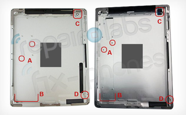 The casing for the Apple iPad 2 (L) and the alleged casing for the Apple iPad 3 (R) - Photo of Apple iPad 3 casing leaks; no quad-core and thicker body for larger battery
