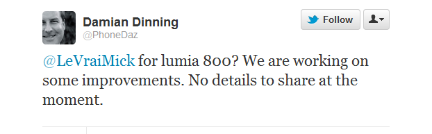 This tweet tells us an update is coming for the Nokia Lumia 800 - Nokia Lumia 800 getting update for its camera