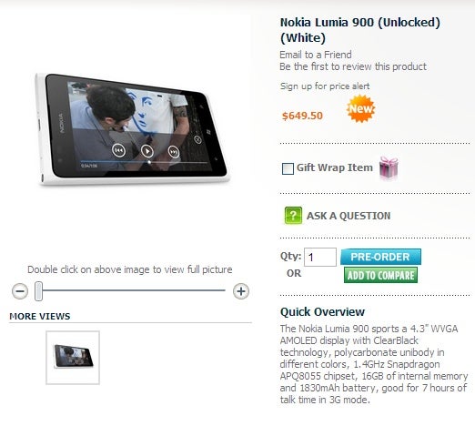 White Nokia Lumia 900 goes up for pre-order