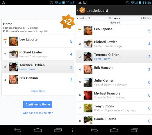 Google Leaderboard, image courtesy of Engadget - Unannounced Google Latitude Leaderboard gives Foursquare competition