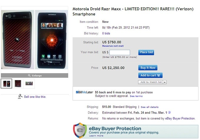 Motorola DROID RAZR MAXX Limited Edition listed on eBay, Buy It Now price stands at $2,250