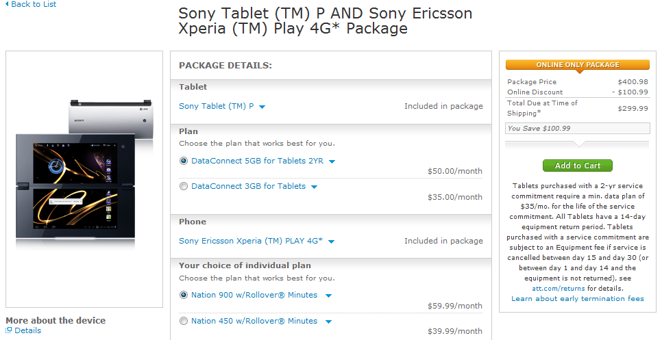 Get a Sony Tablet P and a Sony Ericsson Xperia PLAY 4G for $299.99 - AT&amp;T offering Sony Tablet P and Sony Ericsson Xperia PLAY 4G in $299.99 bundle deal