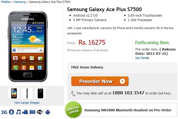 The Samsung Galaxy Ace Plus is now available for pre-order - Samsung Galaxy Ace Plus coming to India for March launch