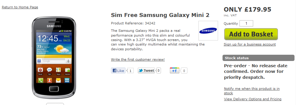 The Samsung Galaxy mini 2 can now be pre-ordered - Samsung Galaxy mini 2 now up for pre-order in the U.K.