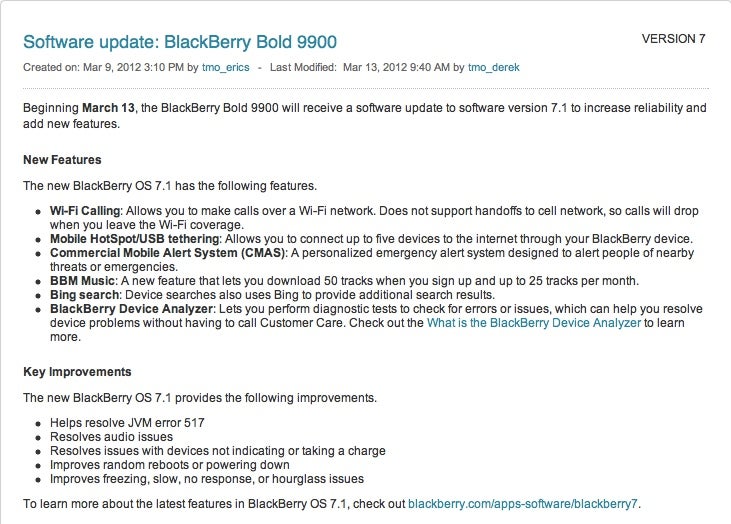 T-Mobile BlackBerry Bold 9900 and Torch 9810 are being updated to BlackBerry OS 7.1 - T-Mobile BlackBerry Bold 9900 and Torch 9810 get Wi-Fi calling with latest software update