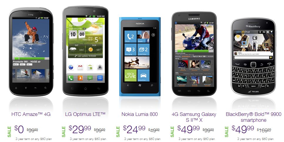TELUS is offering a 50% discount on these models with a 3-year contract for a $50 plan - TELUS ad channels MC Hammer, but the message is 50% off certain models