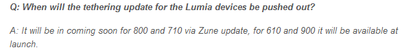 Nokia says tethering is coming to the Nokia Lumia 710 and Nokia Lumia 800 - Nokia says Nokia Lumia 710 and Nokia Lumia 800 to get mobile Wi-Fi hotspot